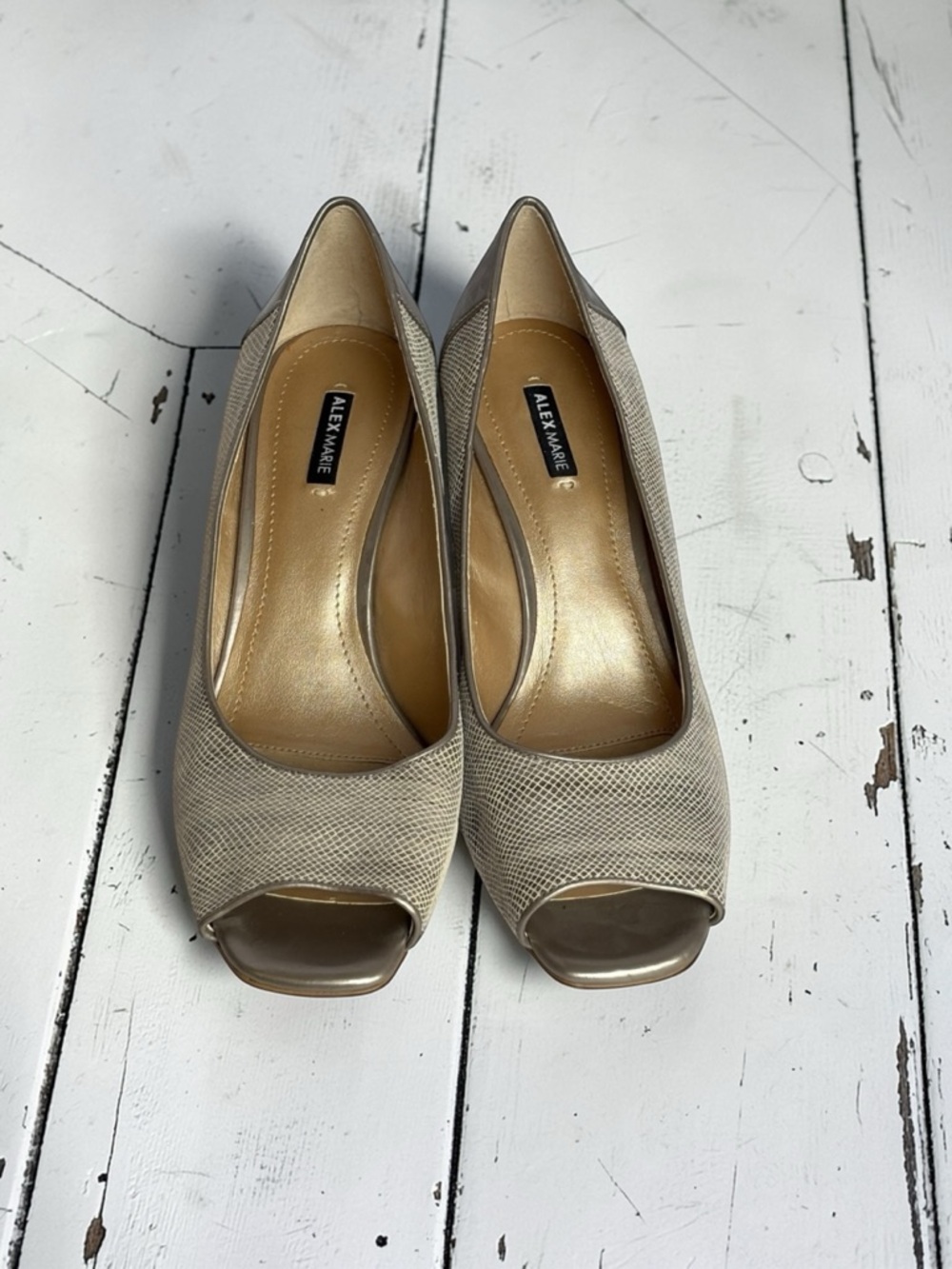 Alex Marie Peep Toe Wedge Heels Taupe Gold Textured Pumps Size 7.5M